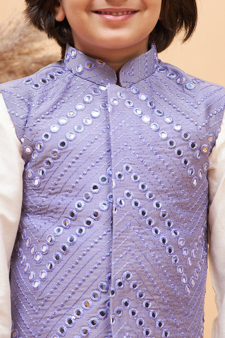 VASTRAMAY Purple Mirror Work Viscose Sleeveless Ethnic Jacket Baap Beta Set